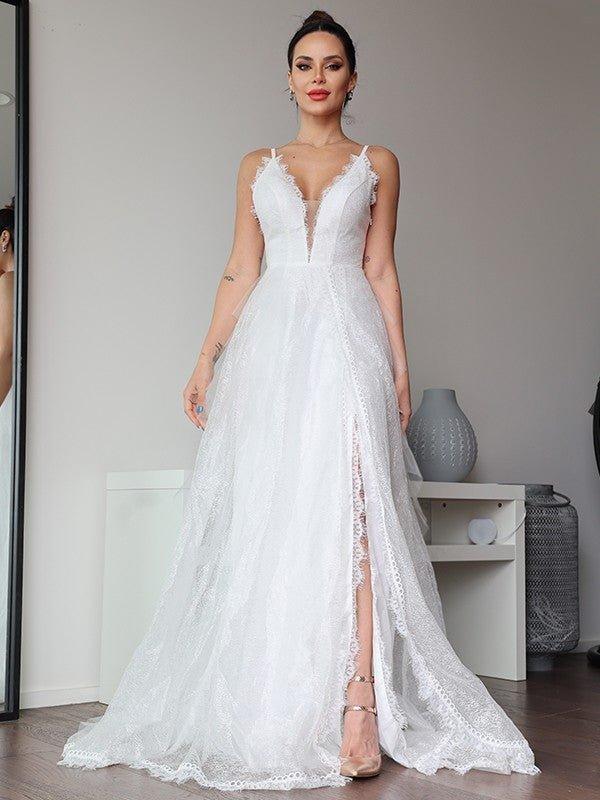 A-Line/Princess Lace Ruffles V-neck Sleeveless Sweep/Brush Train Wedding Dresses
