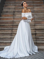 A-Line/Princess Satin Lace Off-the-Shoulder Long Sleeves Sweep/Brush Train Wedding Dresses