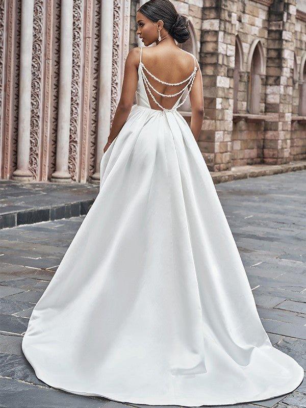 A-Line/Princess Satin Spaghetti Straps Ruffles Sleeveless Sweep/Brush Train Wedding Dresses