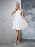 A-Line/Princess Sheer Neck Ruched Short Sleeves Short Chiffon Wedding Dresses