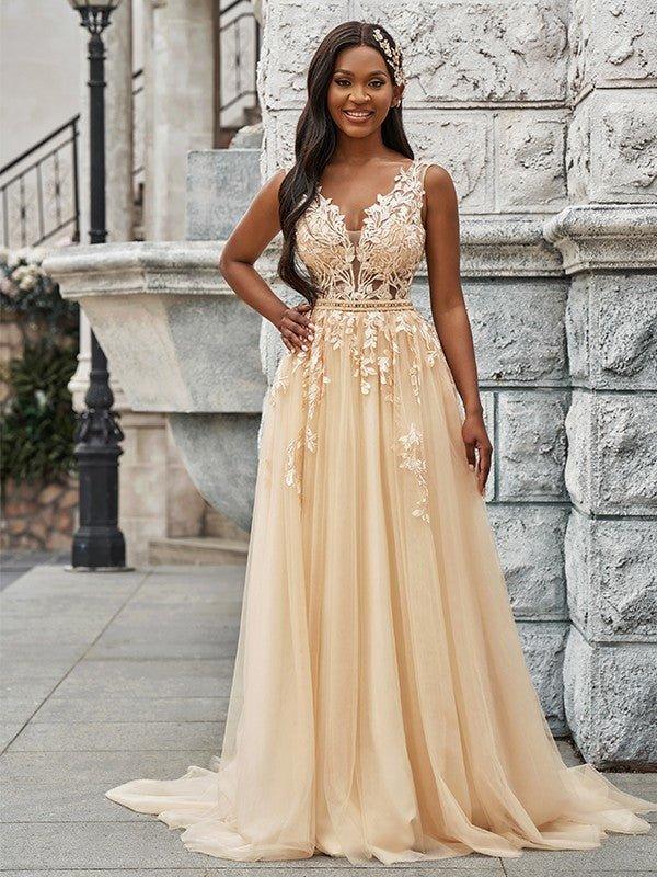A-Line/Princess Sleeveless Tulle V-neck Applique Sweep/Brush Train Wedding Dresses