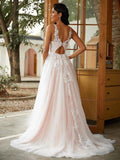 A-Line/Princess Tulle Applique Scoop Sleeveless Sweep/Brush Train Wedding Dresses