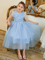 Ball-Gown/Princess Satin Tulle Tea-length Blue Dress (2003225970)