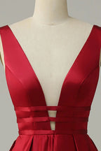 A Line Deep V Neck Red Long Prom Dress with Backless