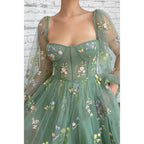 Sexy V-neck Half Sleeves Embroidery Lace Prom Dress with Pockets