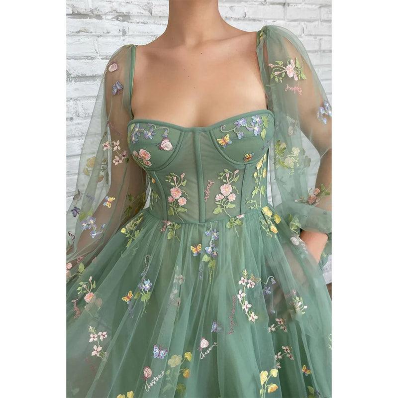 Sexy V-neck Half Sleeves Embroidery Lace Prom Dress with Pockets