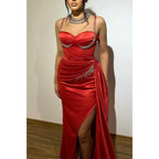 Sweetheart Spaghetti Straps Beaded with Side Slit Train Party Prom Evening Dress