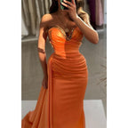 Sheath Sweetheart Strapless Beaded Ruched with Train Party Prom Evening Dress