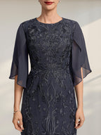 Sheath/Column Scoop Tea-Length Lace Chiffon Mother of the Bride Dress