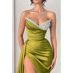 Sexy V-neck Satin Pleated Beads Long Prom Formal Dress with Slit