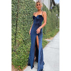 Sweetheart Spaghetti Straps Lace-Up Velvet Long Prom Evening Dress