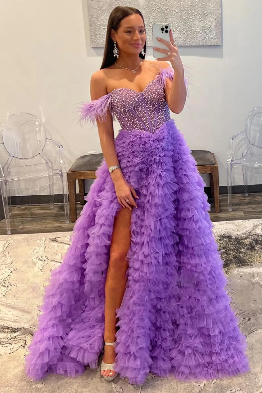 Off the Shoulder Tulle Tiered A-Line Long Corset Prom Dress with Beading
