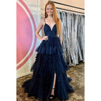 V-Neck Spaghetti Straps Ruched Tulle A-Line Long Homecoming Court Dress