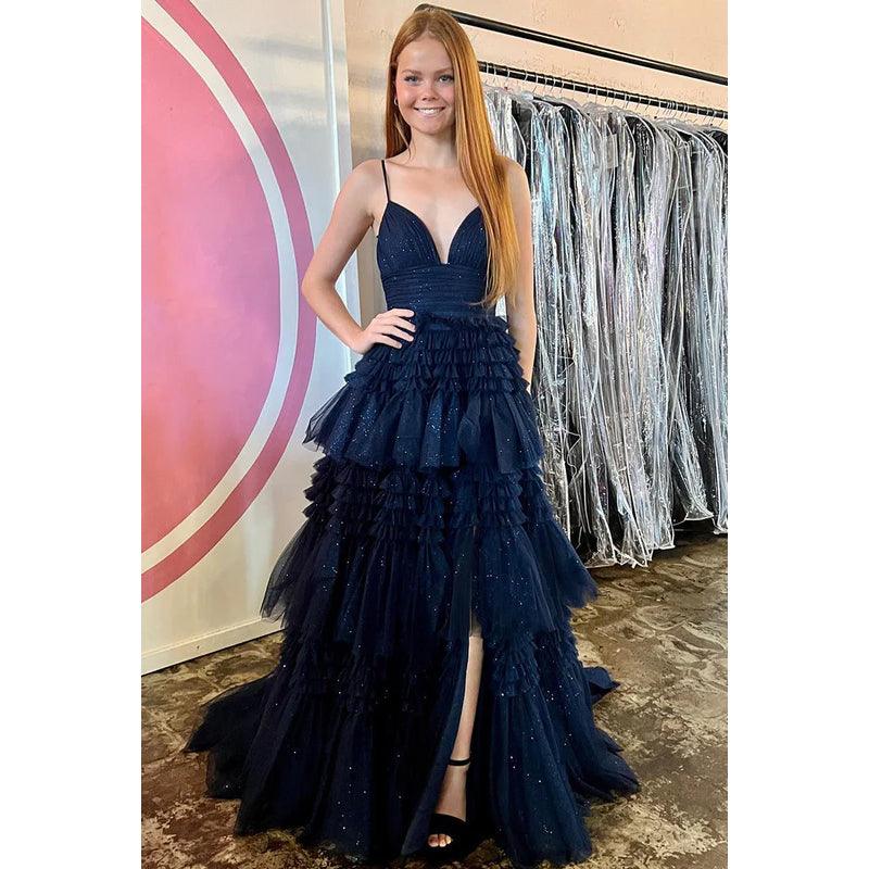 V-Neck Spaghetti Straps Ruched Tulle A-Line Long Homecoming Court Dress