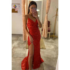 Sexy V-neck Red Sequins Pleats Mermaid Prom Dress with Slit