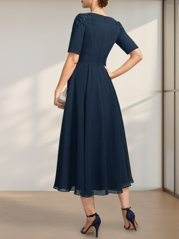 A-line Scoop Tea-Length Chiffon Mother of the Bride Dress With Appliques Lace Sequins