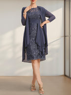 Sheath/Column Scoop Illusion Knee-Length Lace Chiffon Mother of the Bride Dress With Cascading Ruffles Sequins