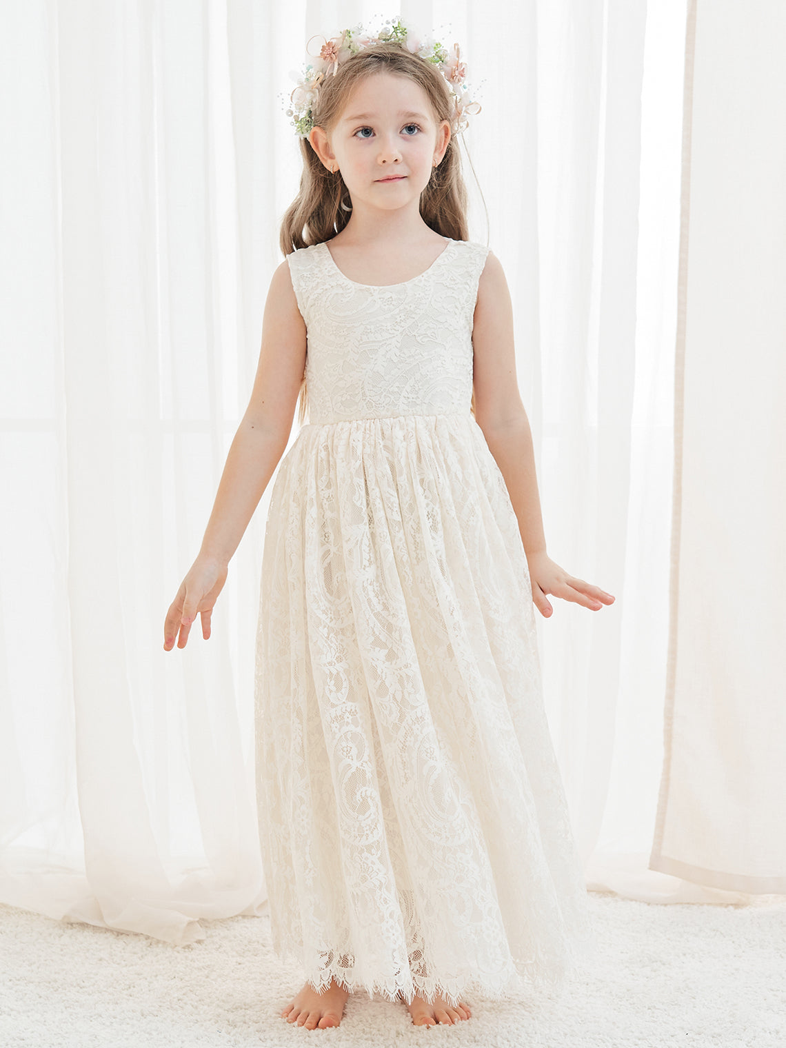 A-line Lace Ankle-length Ivory Boho Flower Girl Dress