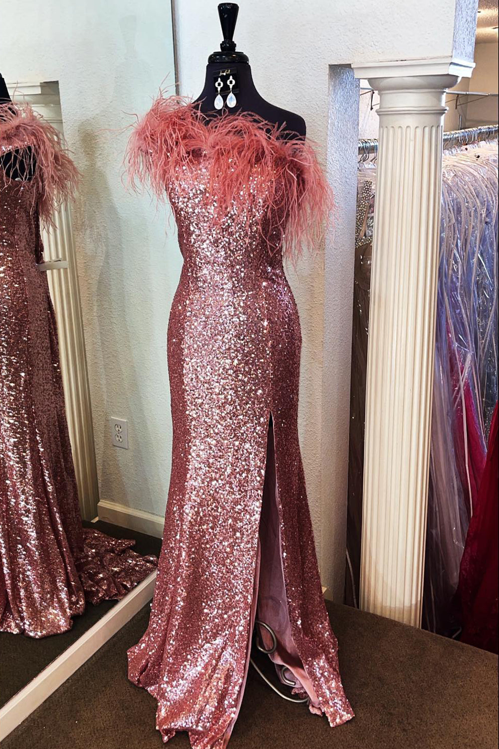 Mermaid Strapless Light Blue Sequins Long Prom Dress with Feathers