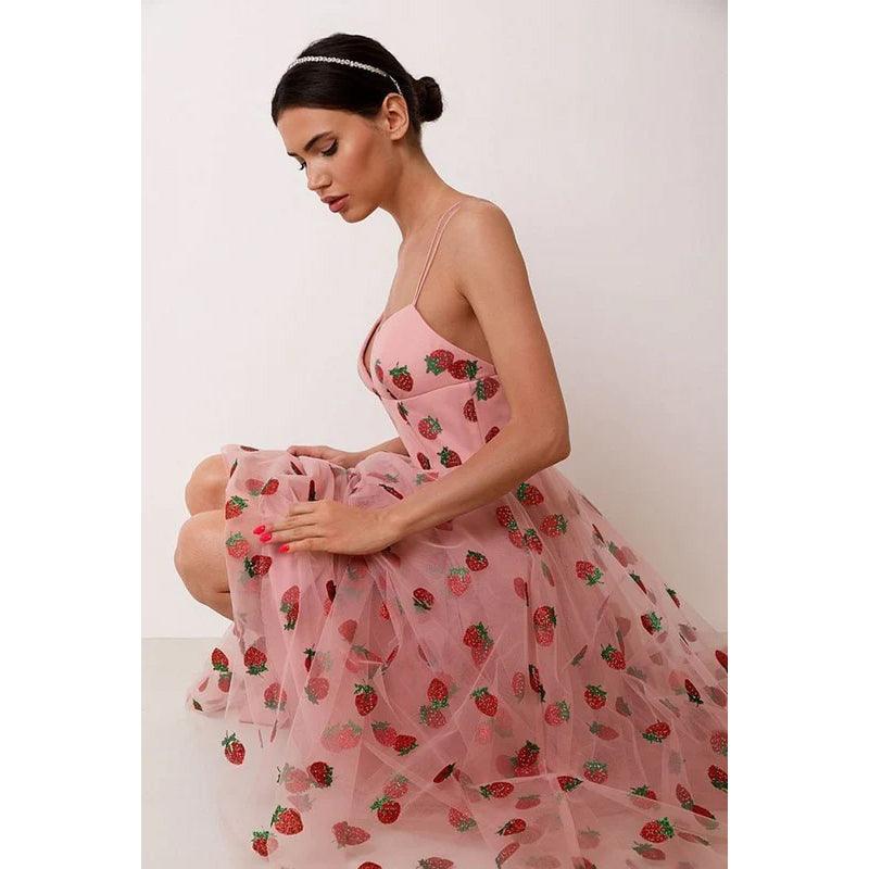 Sweetheart Strawberry Print Tulle A-Line Long Prom Evening Formal Dress