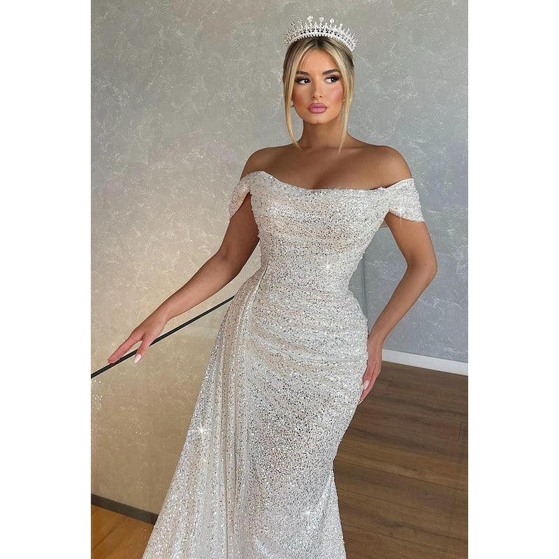 Sheath/Column Off Shoulder Ruched Sequins Long Prom Evening Dress