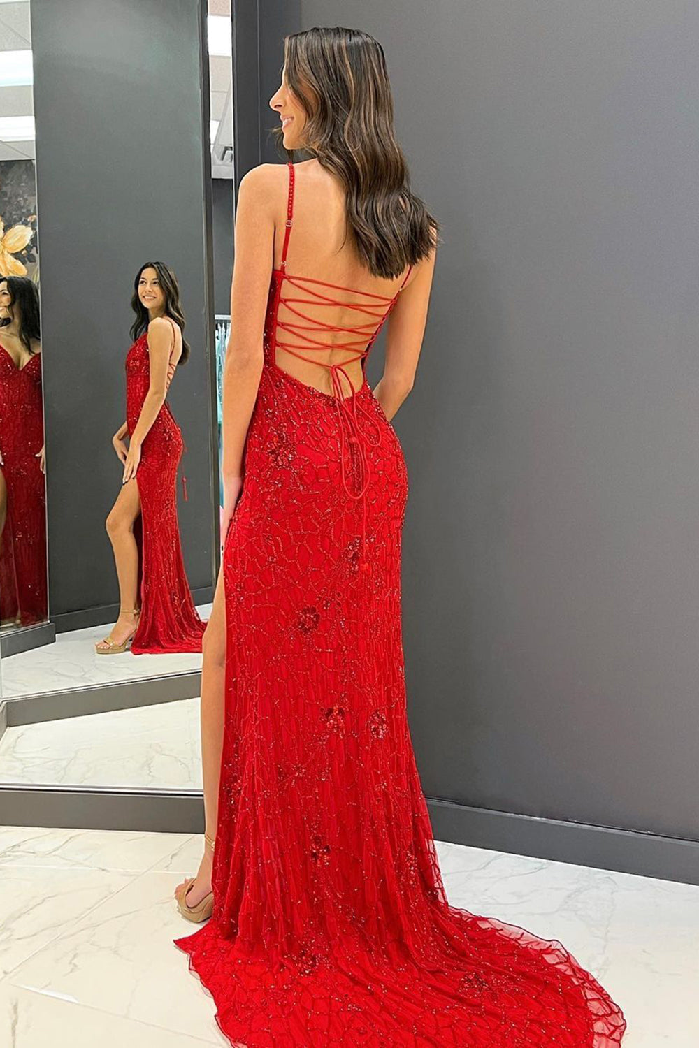 Mermaid Spaghetti Straps Red Long Prom Dress with Criss Cross Back