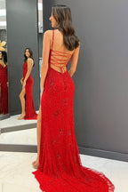 Mermaid Spaghetti Straps Red Long Prom Dress with Criss Cross Back
