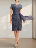 Sheath/Column Scoop Illusion Knee-Length Lace Chiffon Mother of the Bride Dress With Cascading Ruffles Sequins