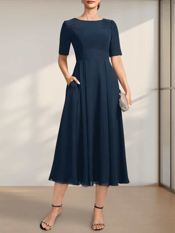 A-line Scoop Tea-Length Chiffon Mother of the Bride Dress With Appliques Lace Sequins