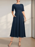 A-line Scoop Tea-Length Chiffon Mother of the Bride Dress With Appliques Lace Sequins