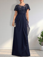 A-line Asymmetrical Illusion Floor-Length Lace Chiffon Mother of the Bride Dress With Cascading Ruffles Sequins