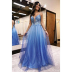 V-neck Appliques Spaghetti Straps Ombre Glitter Tulle Long Prom Evening Dress