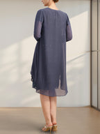 Sheath/Column Scoop Illusion Knee-Length Lace Chiffon Mother of the Bride Dress With Cascading Ruffles Sequins
