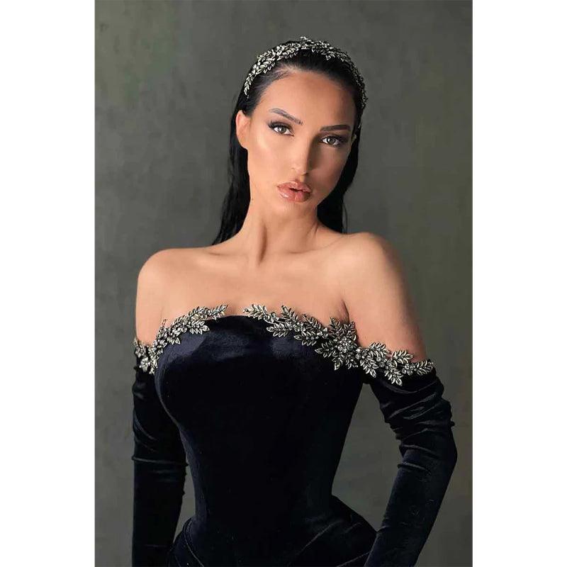 Unique Off Shoulder Beads Long Sleeves Black Velvet Formal Evening Dress with Slit