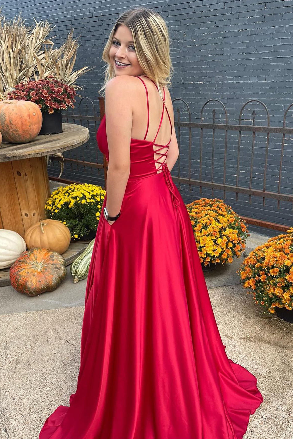 A-Line Satin Spaghetti Straps Prom Dress with Slit