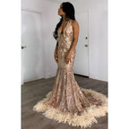 V-Neck Sleeveless Sequins Sheer Tulle Feather Mermaid Long Prom Evening Dress