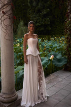 White Satin Maxi Prom Dresses with Strapless Corset Bodice Lace-Up Back Pleated Chiffon Skirt for Prom and Garden Wedding