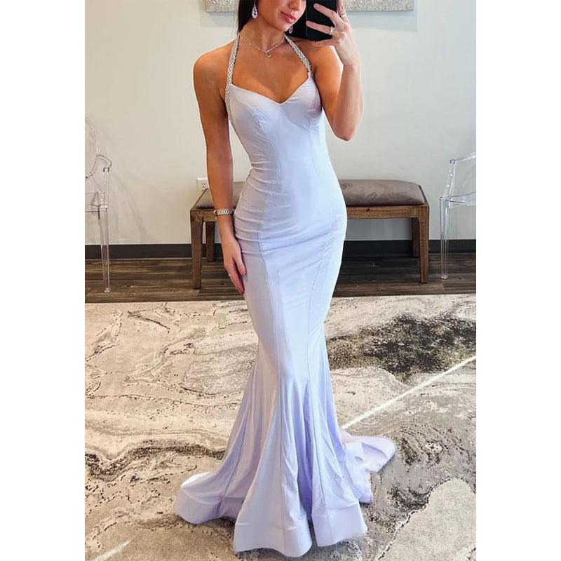 V-neck Halter Trumpet Pleats Beaded Party Prom Evening Dress