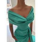 V-Neck Off-Shoulder Sleeveless Ruched Satin Sheath Long Evening Dress