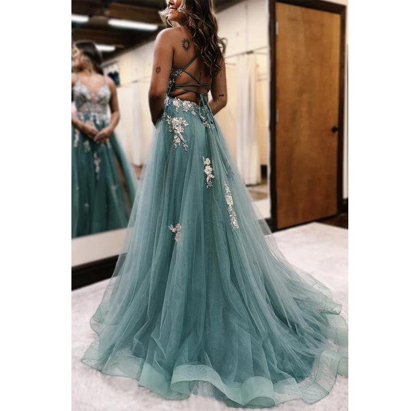 Tulle A-line Sweetheart Spaghetti Straps Appliques with Side Slit Party Prom Evening Dress