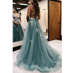 Tulle A-line Sweetheart Spaghetti Straps Appliques with Side Slit Party Prom Evening Dress