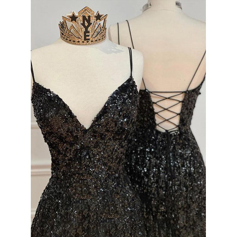 Sexy V-neck Black Sequins Sparkly Prom Dress