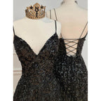 Sexy V-neck Black Sequins Sparkly Prom Dress