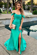 Mermaid Off the Shoulder Green Long Prom Dress with Split Front