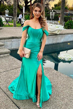 Mermaid Off the Shoulder Green Long Prom Dress with Split Front
