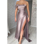 Sheath Off Shoulder Pleated Side Split Long Formal Evening Gown