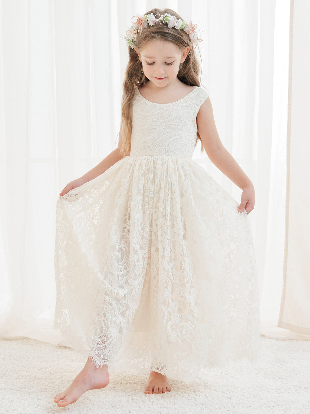 A-line Lace Tulle Ankle-length Ivory Dress (2003227596)
