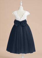 A-line Satin Tulle Tea-length First Communion Flower Girl Dress