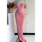 Sweetheart Off-shoulder Beaded Ruched with Side Slit Party Prom Evening Dress