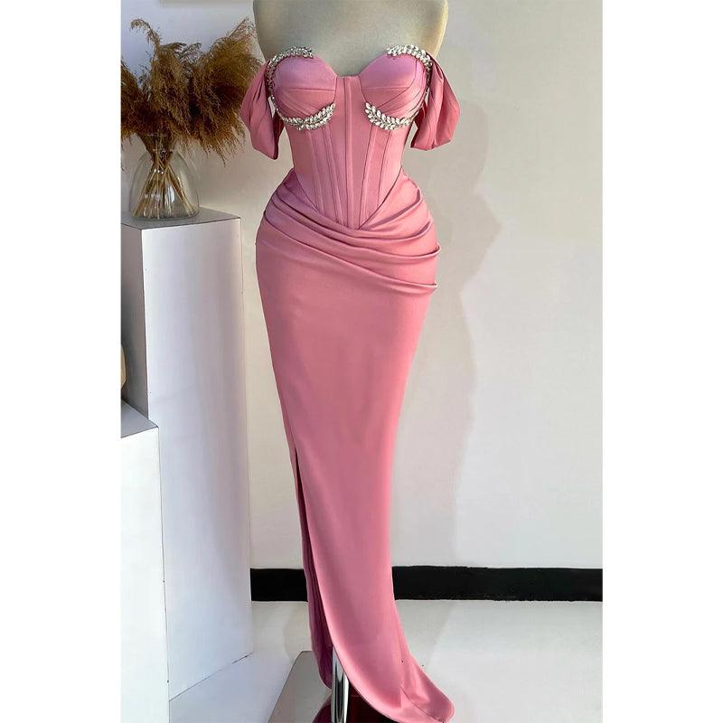 Sweetheart Off-shoulder Beaded Ruched with Side Slit Party Prom Evening Dress